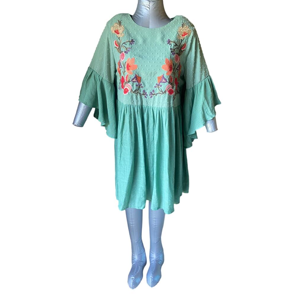 Umgee Boho Floral Embroidered Flowy Dress Sage Green Small